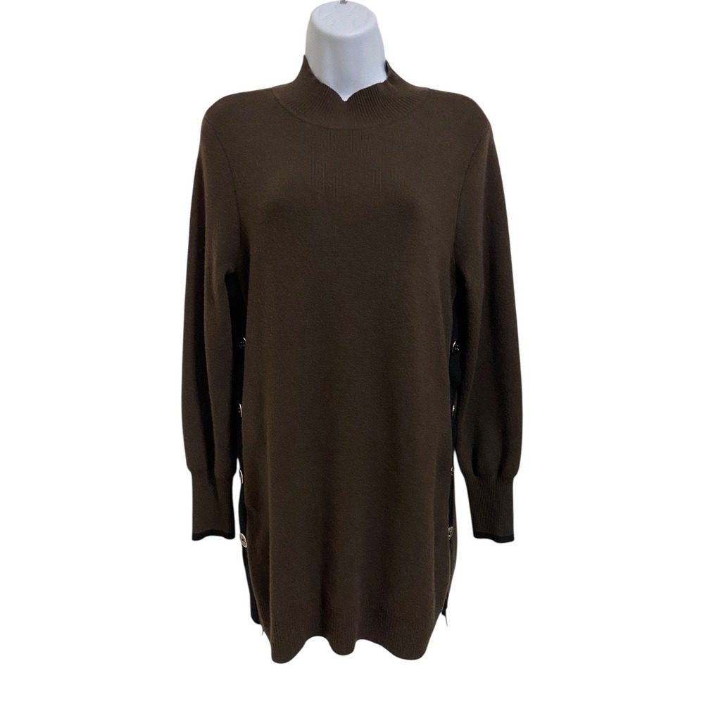 Chicos Brown Cashmere Blend Mock Neck Side Button Sweater Dress Size 1 Medium - Picture 2 of 10